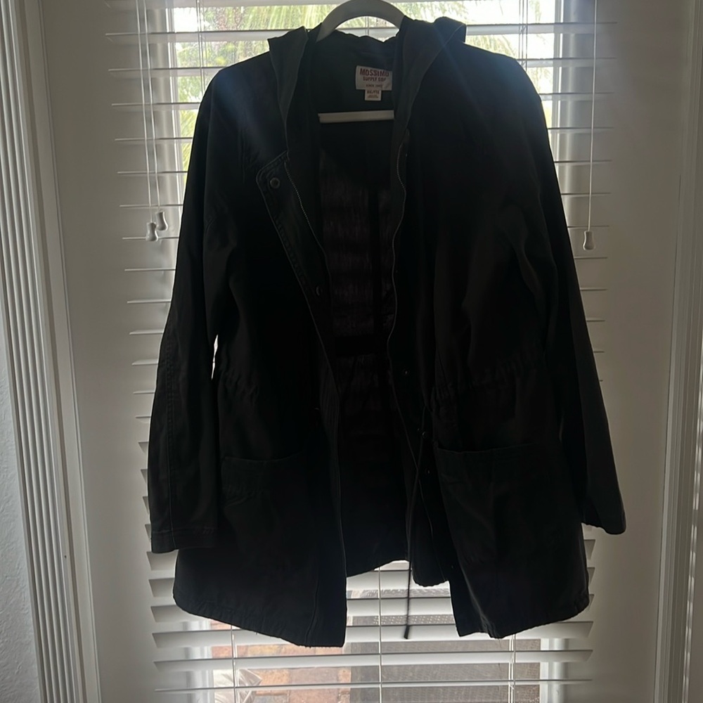 Cinched waist hooded motto jacket- 100% cotton